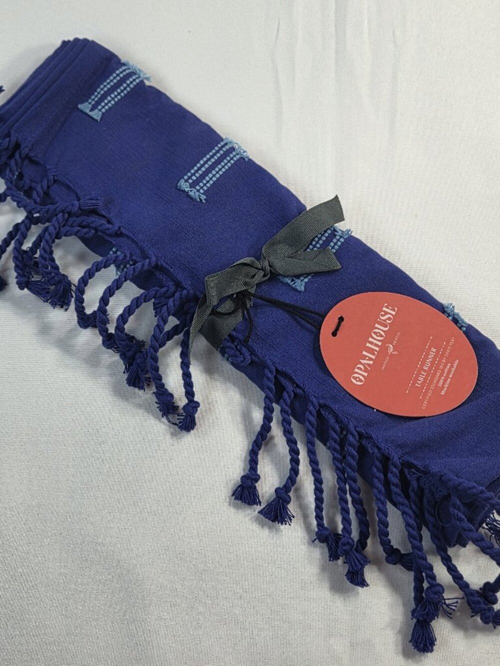 Opalhouse Cobalt Blue Cotton Table Runner Fringed Tassel Coastal Boho 14x72 NWT